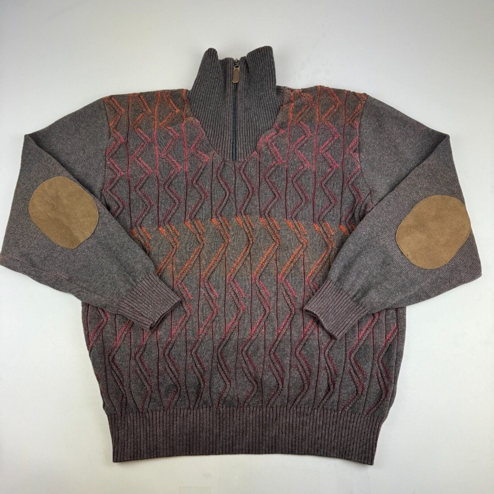 Vintage Tosani Canada Mens Size 2XL 1/4 Zip Pullover Sweater Gray Elbow Patches